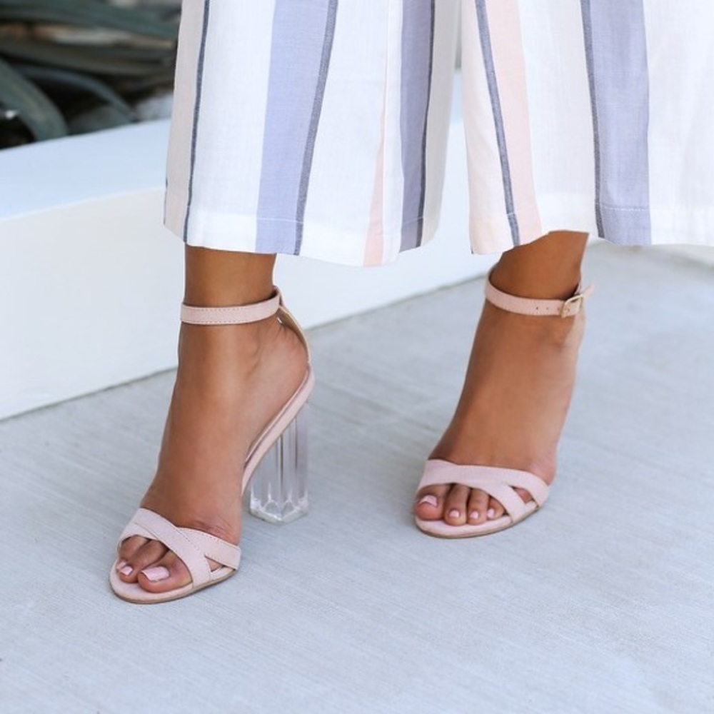 ISMAY BLUSH SUEDE LUCITE HEELS